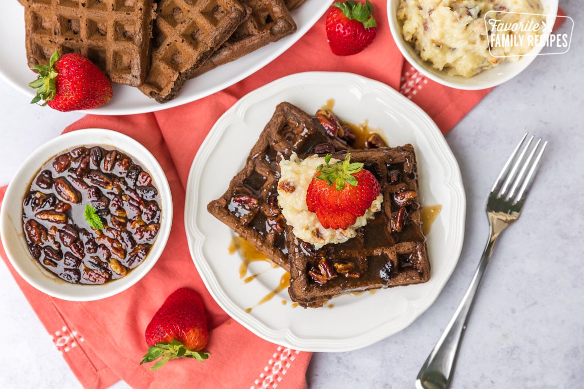 Chocolate Waffles with Praline syrup and coconut frosting
