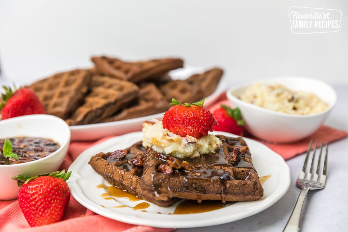Chocolate Waffles with Praline syrup and coconut frosting