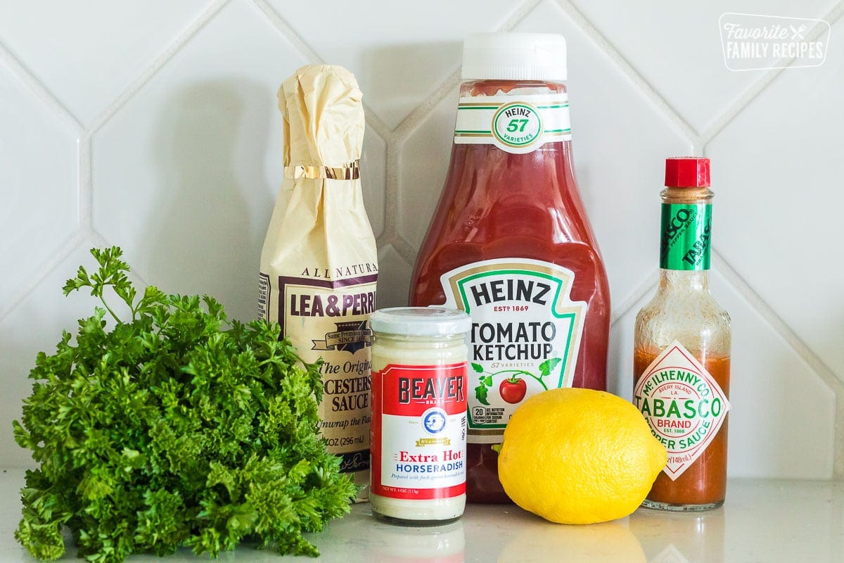 Ingredients including ketchup, horseradish, tabasco, lemon, Worcestershire, and parsley