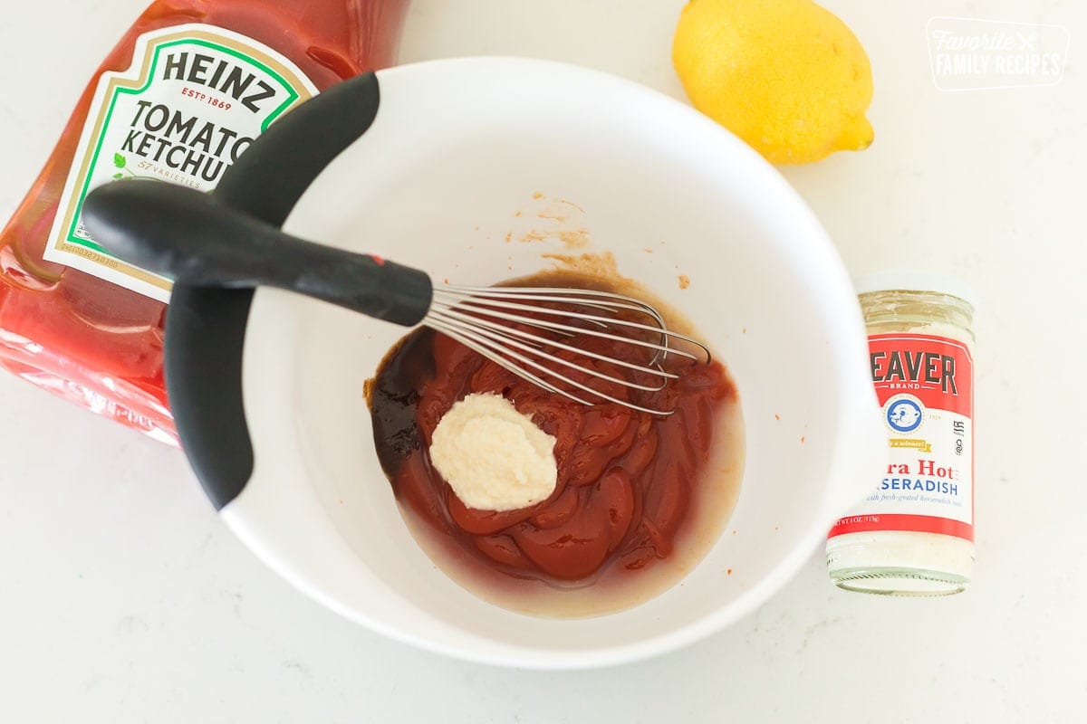 Ketchup, horseradish, lemon juice, Worcestershire sauce, and tabasco sauce in a small mixing bowl
