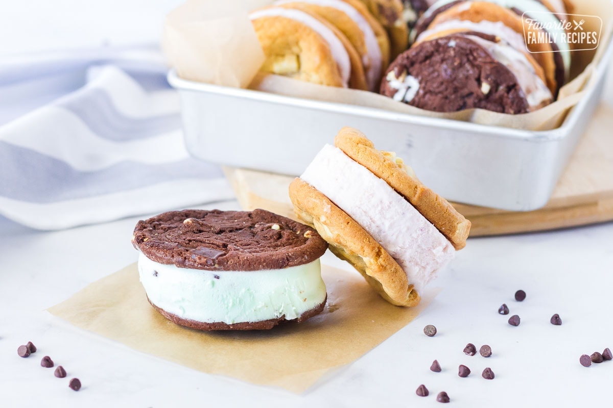 Chocolate mint and strawberry white chocolate chip cookie Ice Cream Sandwiches.