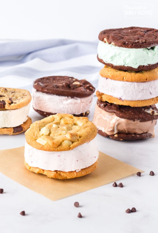 Assorted kinds of Cookie Ice Cream Sandwiches.