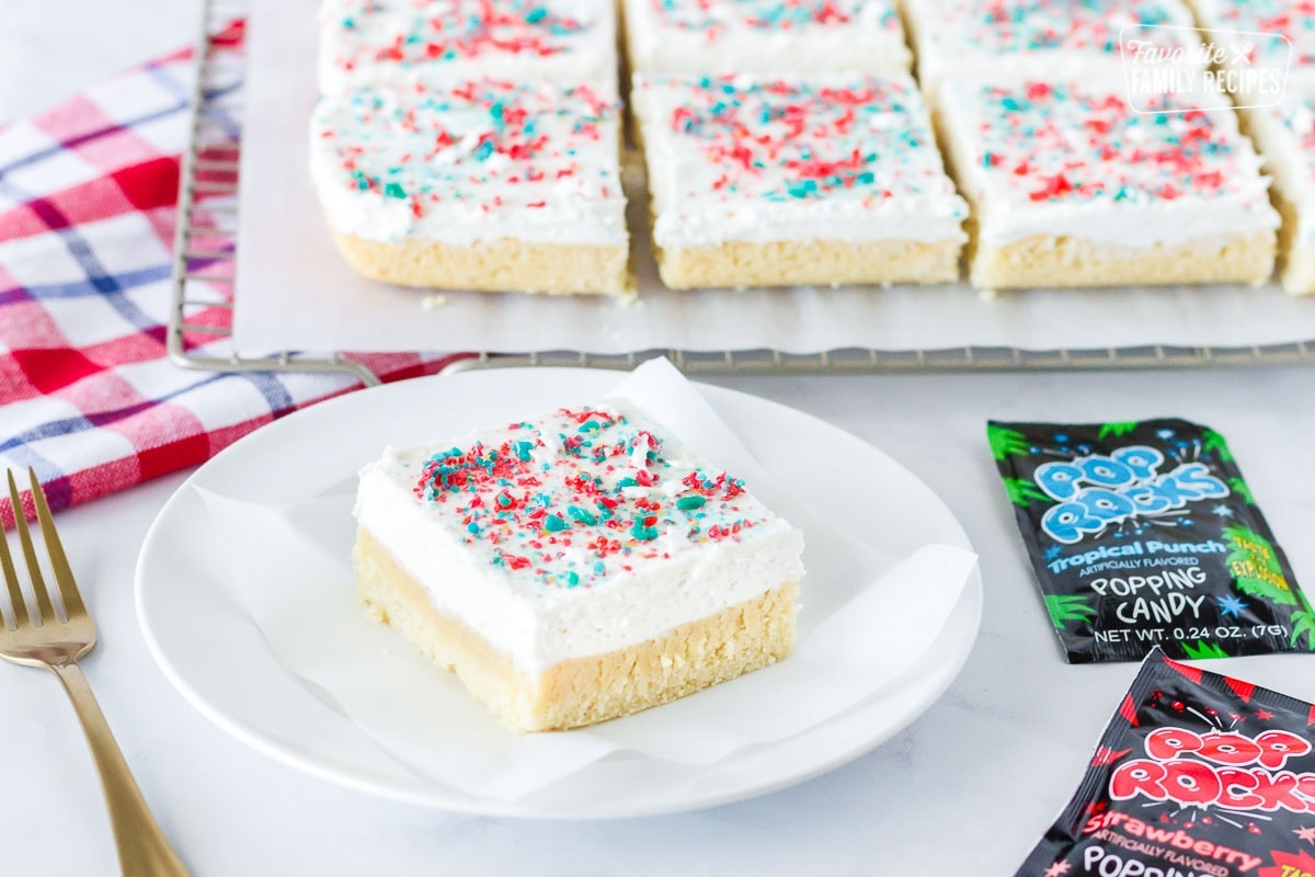 Side view of Firecracker Sugar Cookie Bars with Pop Rocks.