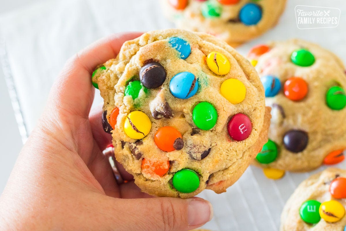 A close up on an M&M cookie