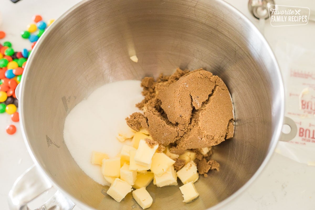Butter, sugar, and brown sugar in a mixing bowl