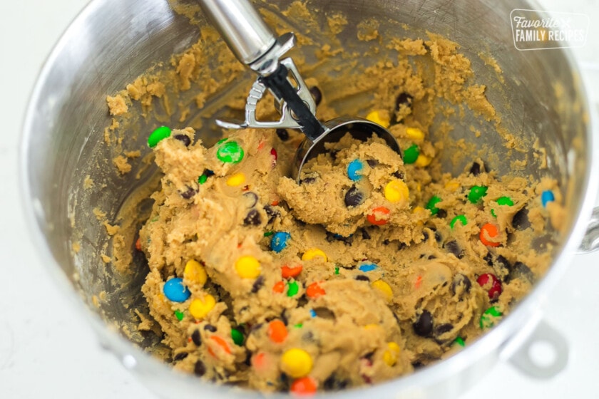 M&M cookie dough with a ice cream scoop