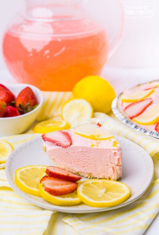 Pink lemonade pie with strawberries and lemons