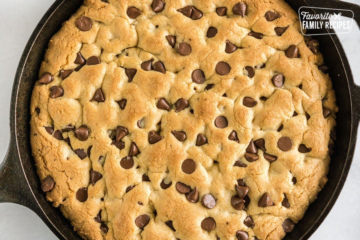 A skillet cookie in a cast iron pan