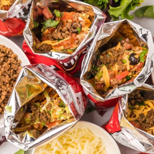 Horizontal image of walking tacos and sides