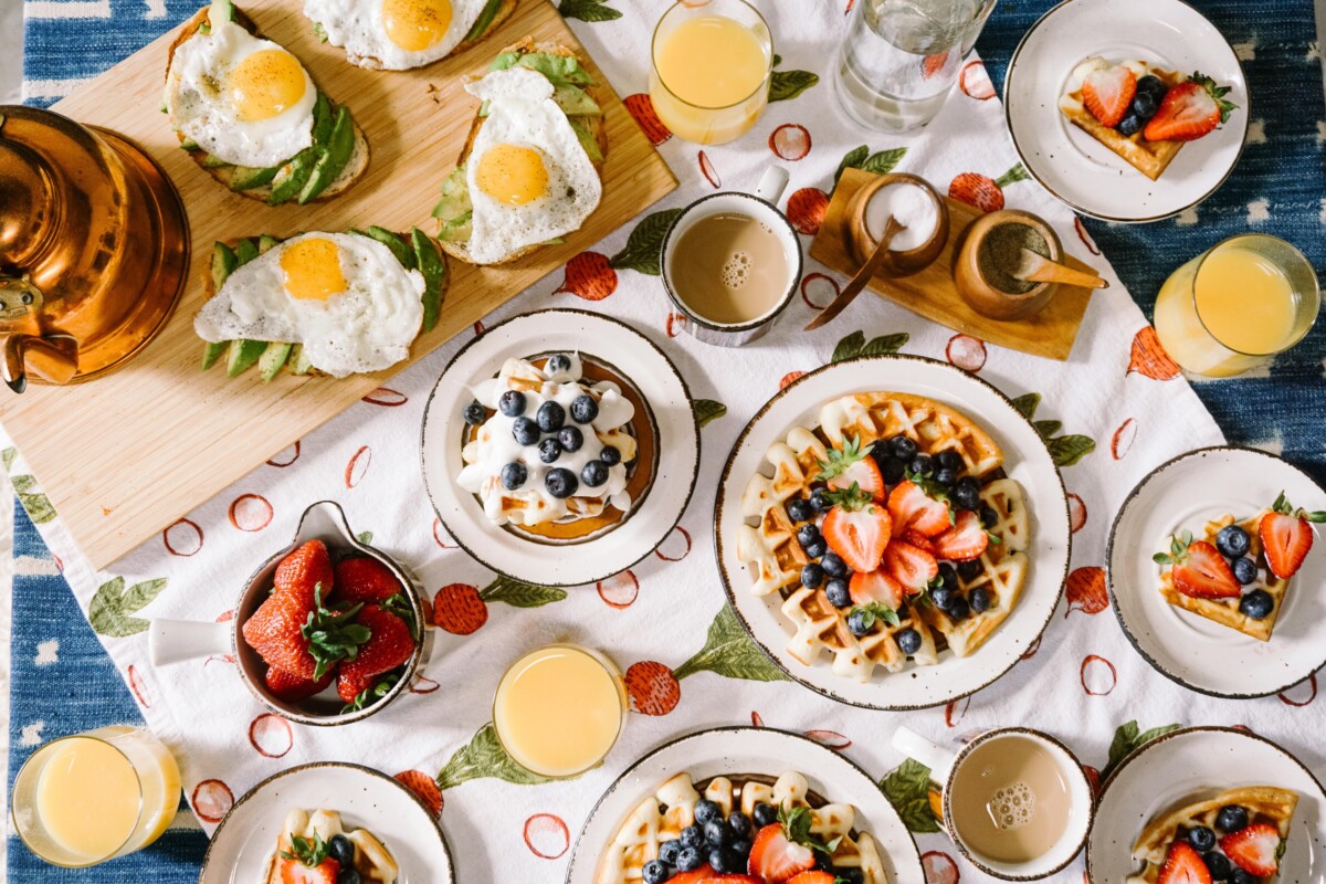 A top view of a table of brunch foods