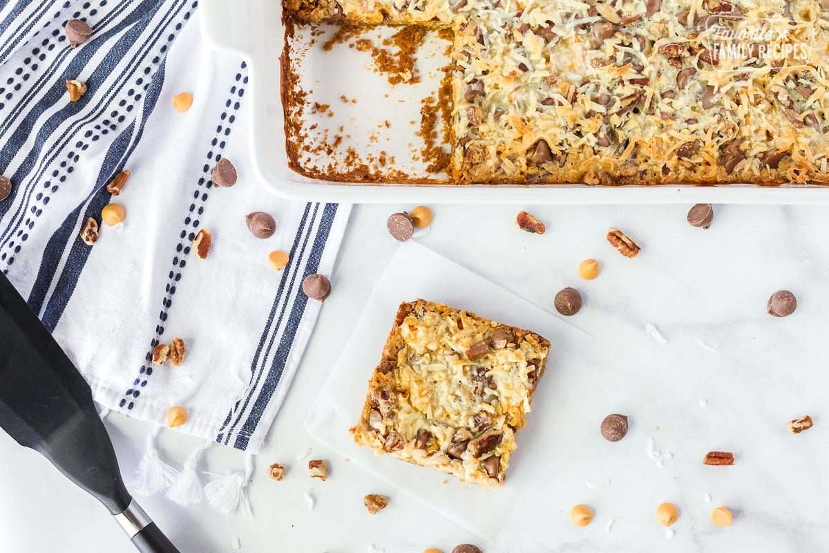 One square of 7 Layer Magic Cookie Bars.