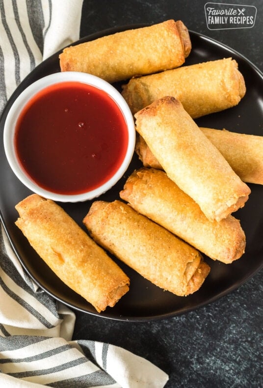 Platter of cooked air fryer egg rolls