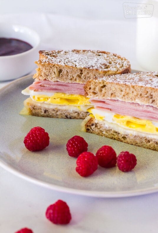 Cut in half Breakfast Monte Cristo Sandwich.