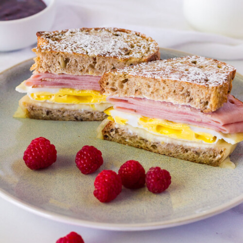 Close up of Breakfast Monte Cristo Sandwich layers.