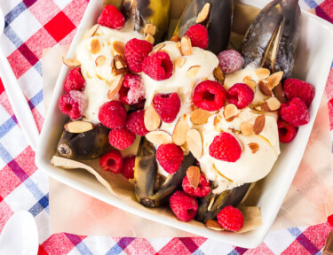 Top view of campfire banana boats in a dish.