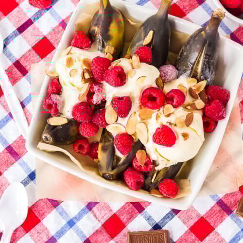 Top view of campfire banana boats in a dish.