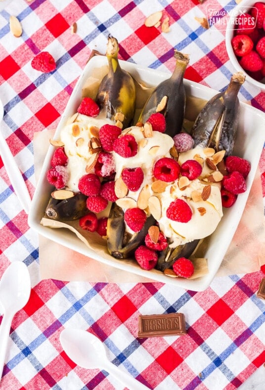 Top view of campfire banana boats in a dish.