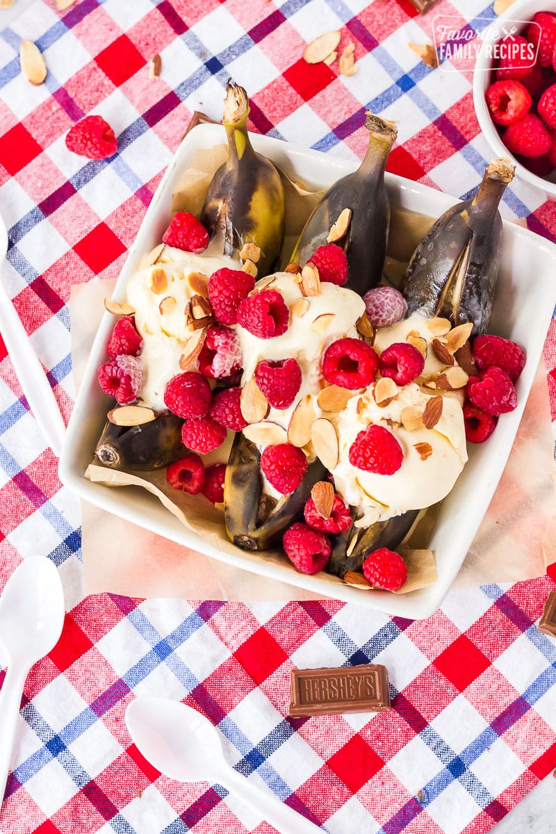 Top view of campfire banana boats in a dish.