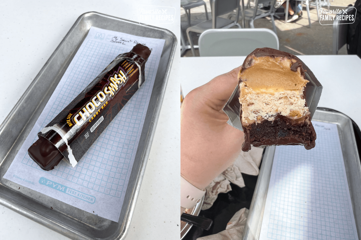 A collage of two pictures - one of a Choco Smash Bar in its wrapper and the other of the inside of the Choco Smash Bar