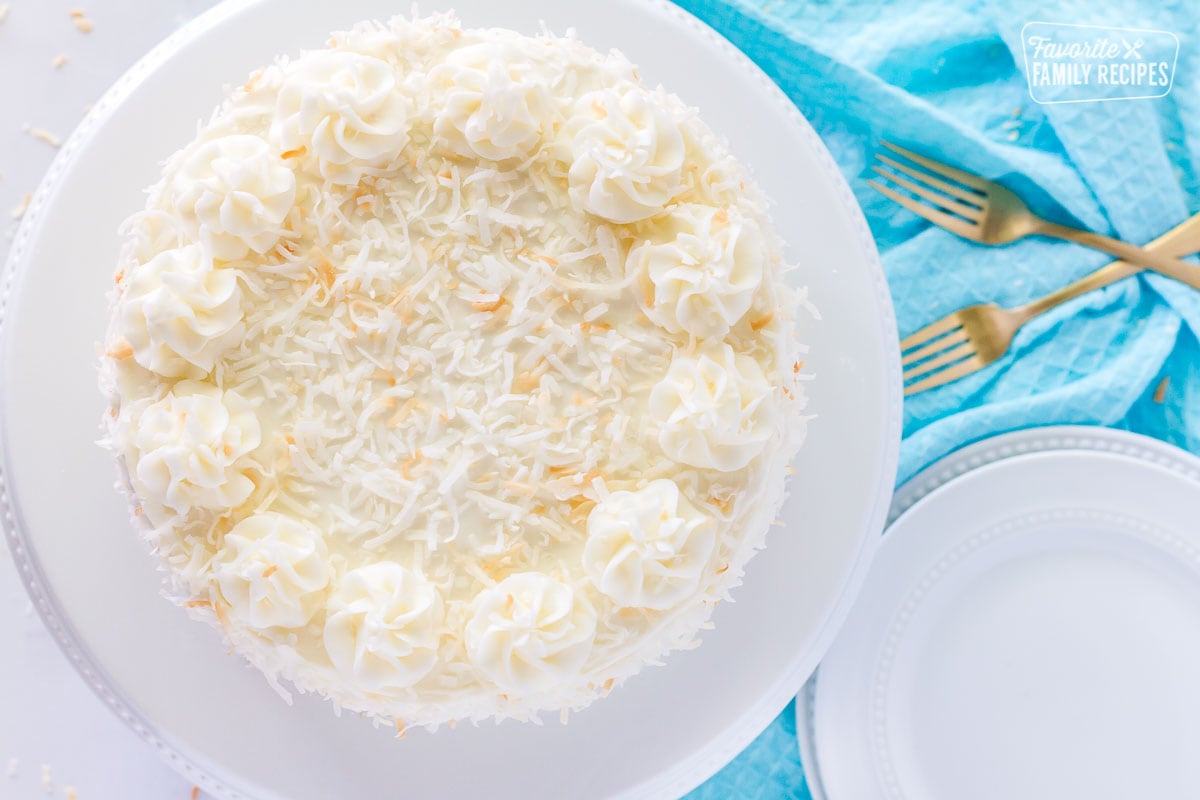 Top view of coconut cream cake with coconut frosting.