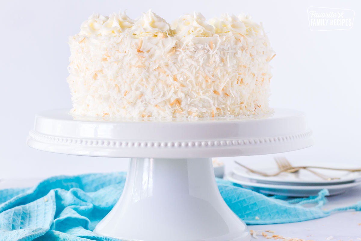 Coconut cream cake with coconut frosting.