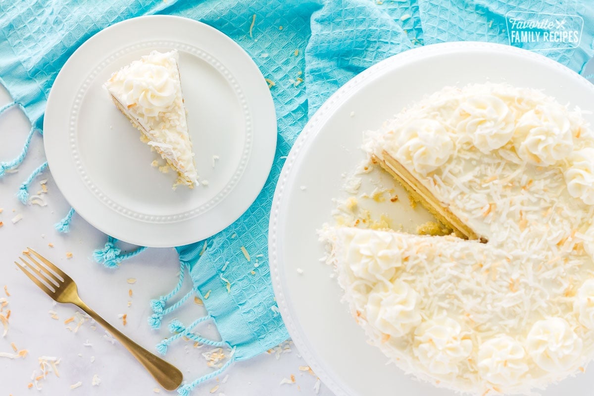 Top view of sliced coconut cream cake with coconut frosting.