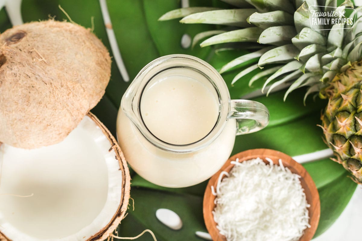 Top view of a pitcher of coconut syrup