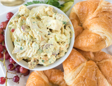 Top view of curry chicken salad showing the ingredients