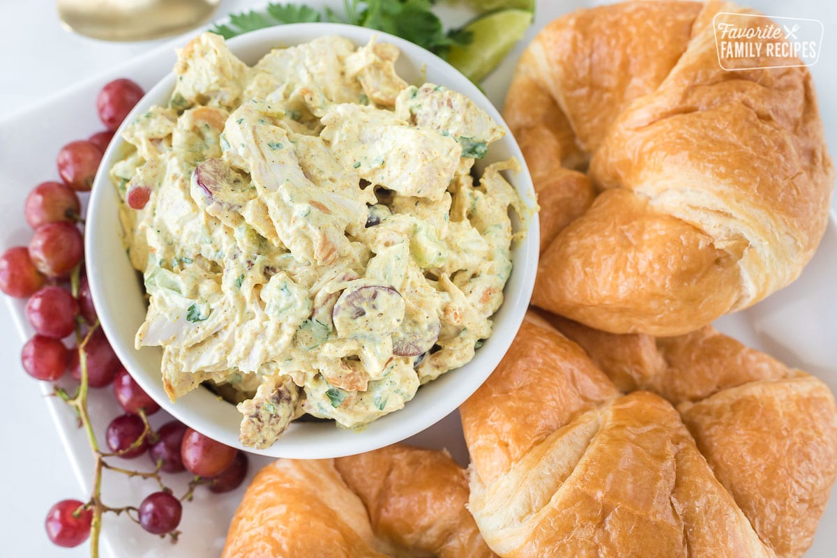 Top view of curry chicken salad showing the ingredients.