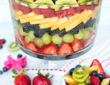 A colorful fruit trifle with layers of fresh fruit