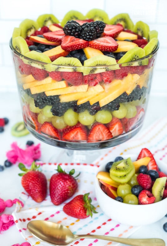A colorful fruit trifle with layers of fresh fruit