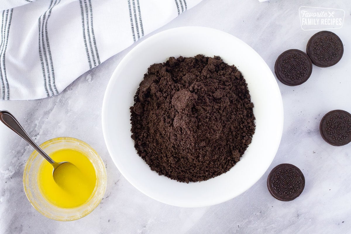 Crushed Oreos and melted butter for Grasshopper Pie crust.