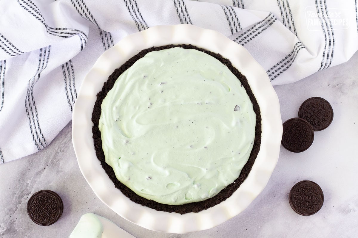 Mint chocolate chip ice cream for smoothed into the Grasshopper Pie crust.