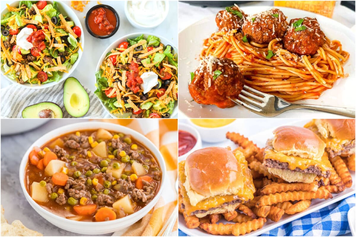 Collage of Ground Beef Recipes including Beef Strew and Burgers.