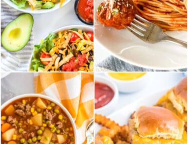 Collage of Ground Beef Recipes including Beef Strew, Spaghetti, and Burgers