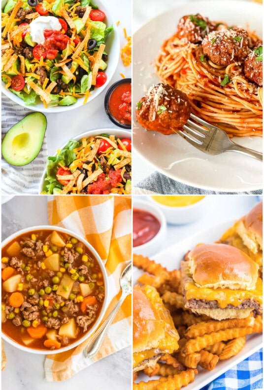 Collage of Ground Beef Recipes including Beef Strew, Spaghetti, and Burgers