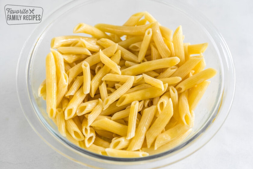 Penne and mini Penne cooked pasta in a bowl