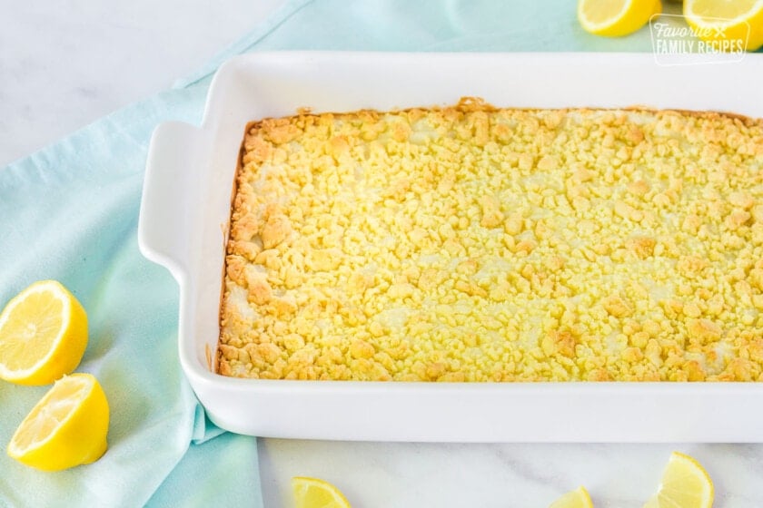 Baked Lemon Cream Cheese Bars in a 9x13 pan.