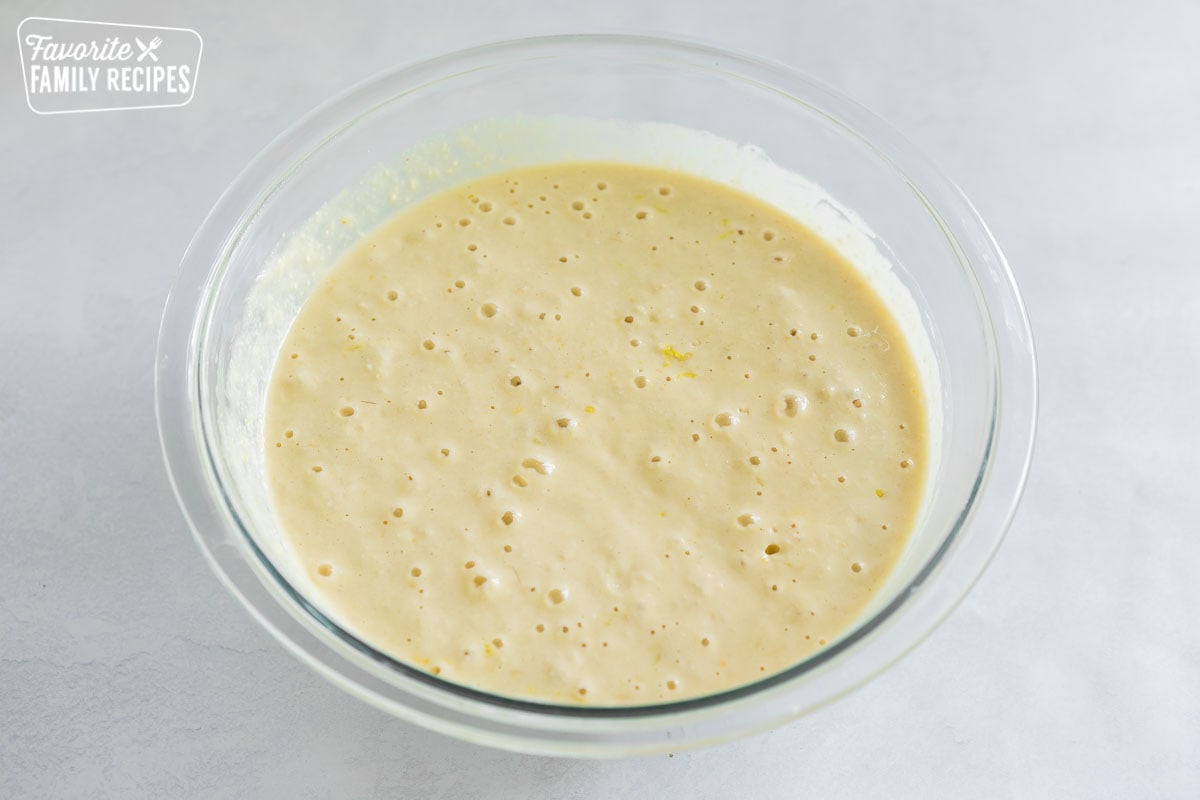 Lemon Ricotta Pancake batter in a large bowl