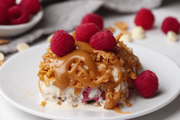 Raspberry Fried Ice Cream with white chocolate fudge sauce drizzle and fresh raspberries.