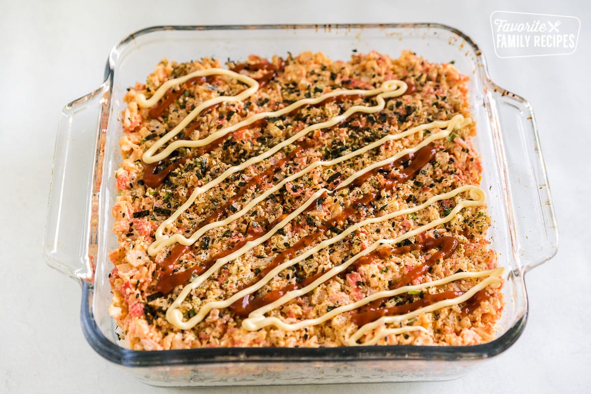 Sushi bake in a pan before it is cooked