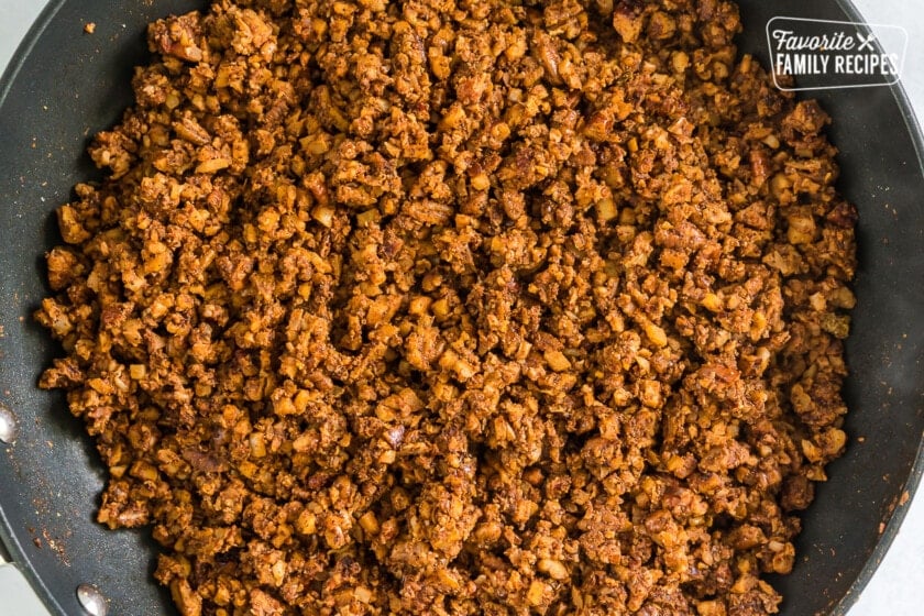 Vegan taco meat in a large skillet