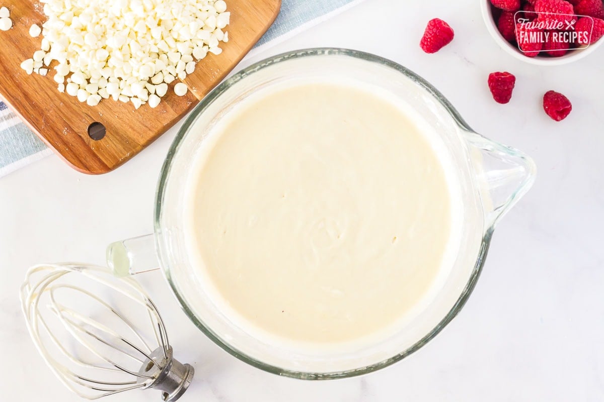 Batter to make White Chocolate Raspberry Cake.