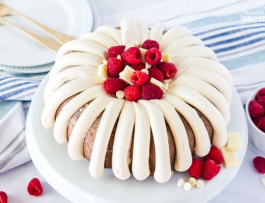 Side view of White Chocolate Raspberry Cake.