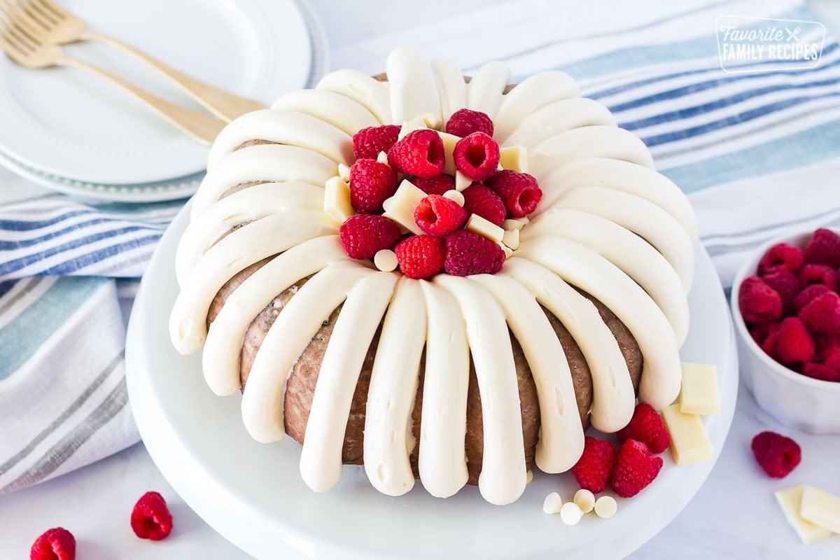 Side view of White Chocolate Raspberry Cake.