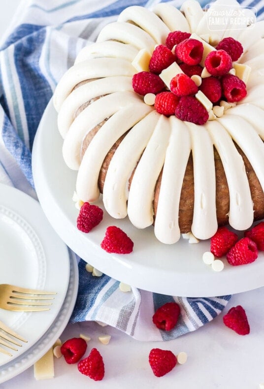Side view of White Chocolate Raspberry Cake.