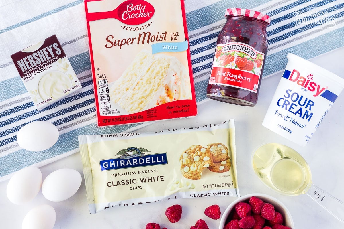 Ingredients to make White Chocolate Raspberry Cake.