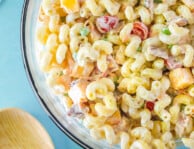 Bacon Ranch Pasta Salad in a serving bowl.