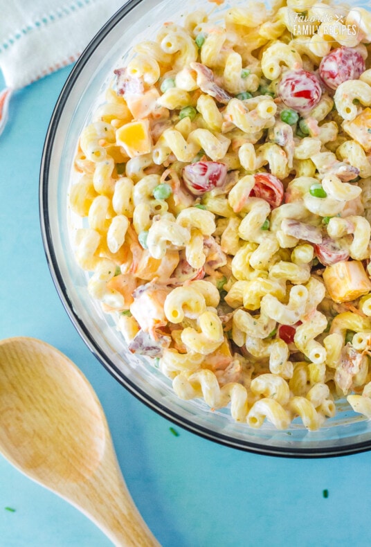 Bacon Ranch Pasta Salad in a serving bowl.