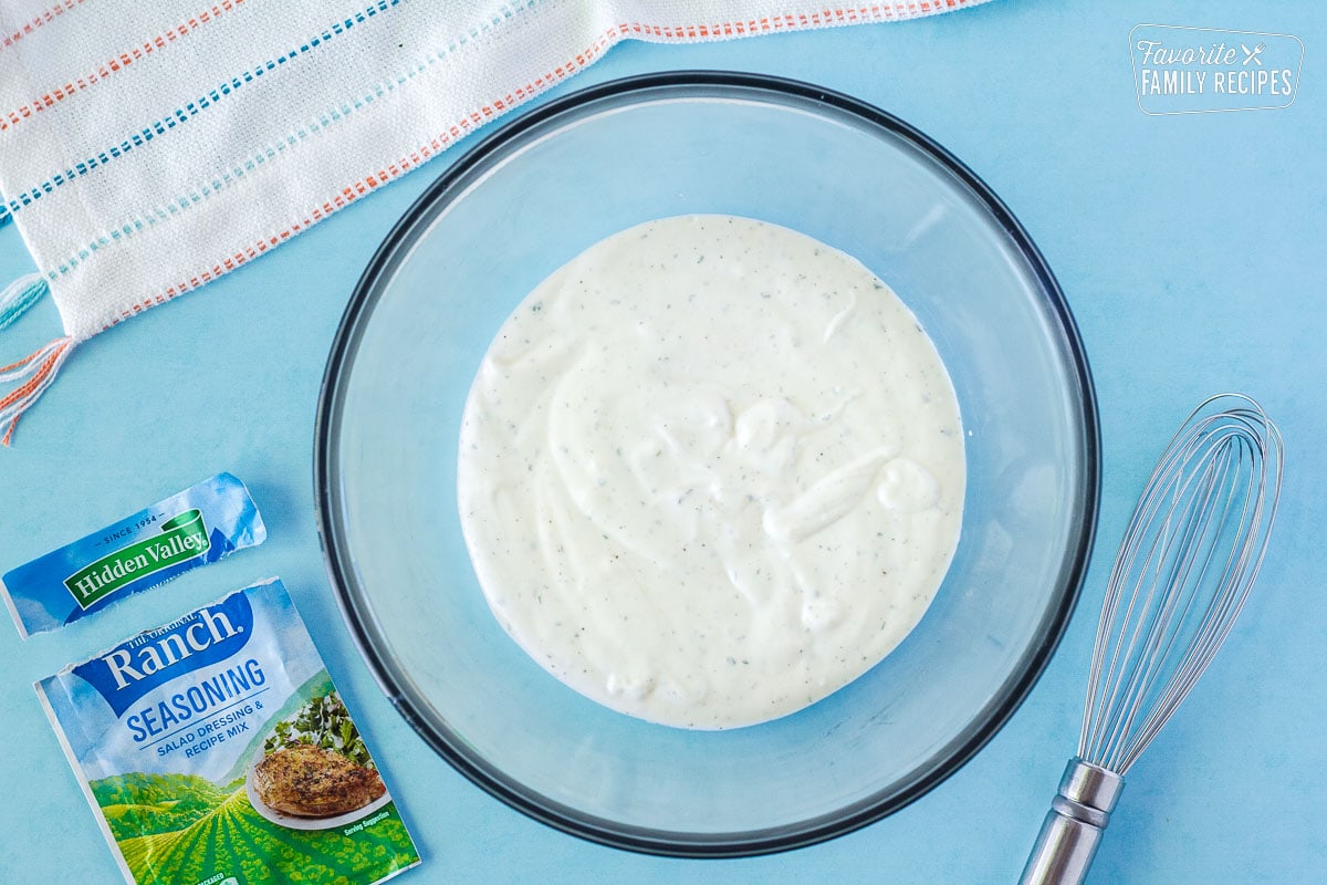 Bowl of creamy ranch sauce for pasta salad.